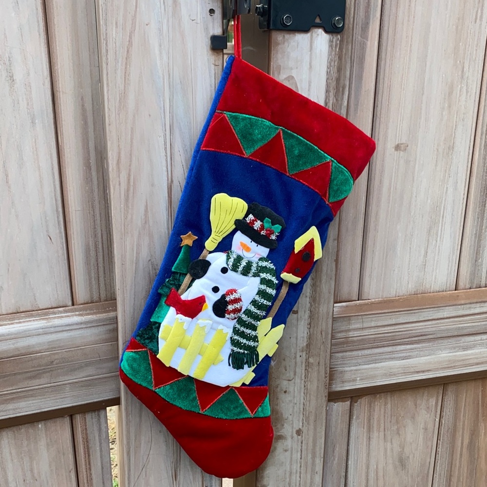 Decorative Holiday Stocking with a Large Felt Appliqué Snowman Wearing a Top Hat